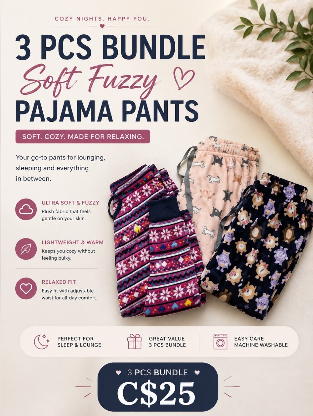 💙3 Pcs Bundle Soft Fuzzy Pajama Pants